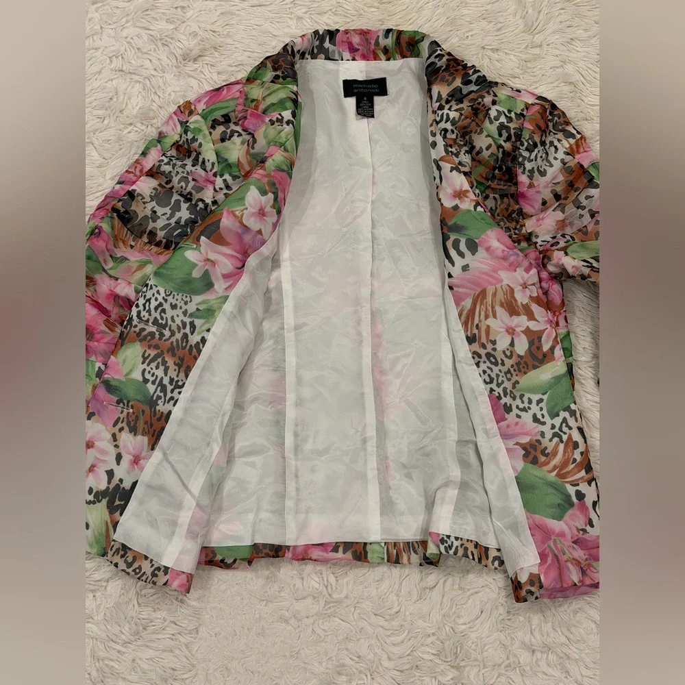 Vintage Michelle Antonelli Ruched Silk Blazer Jacket 8 Floral‎ Leopard Statement